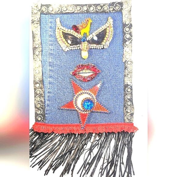 Wendy Gell Art canvas on denim bejeweled lips, encrusted sunglasses and fringe. - Picture 3 of 3